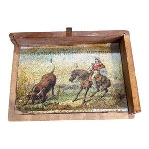 Antique Wood Box Clarks ONT Spool Cotton Advertising Piece Roping Cowboy